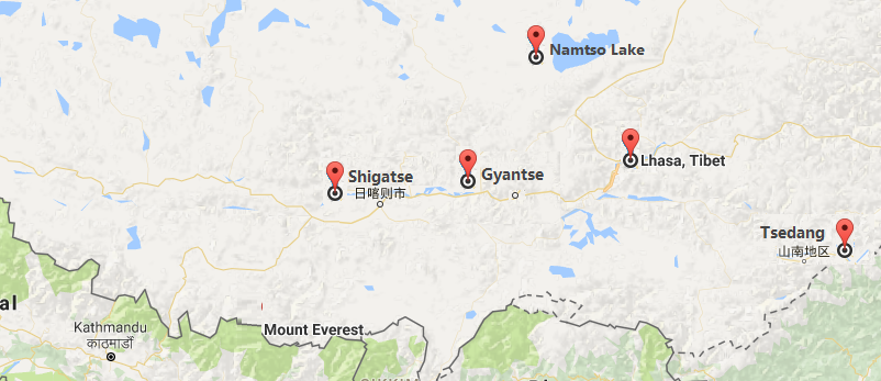 10 Days Lhasa-Tsedang-Gyangtse-Shigatse-Namtso Lake Tour Map