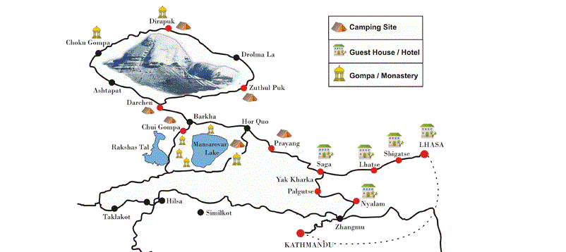 15 Days Mt.Kailash Pilgrimage Trek Tour Map