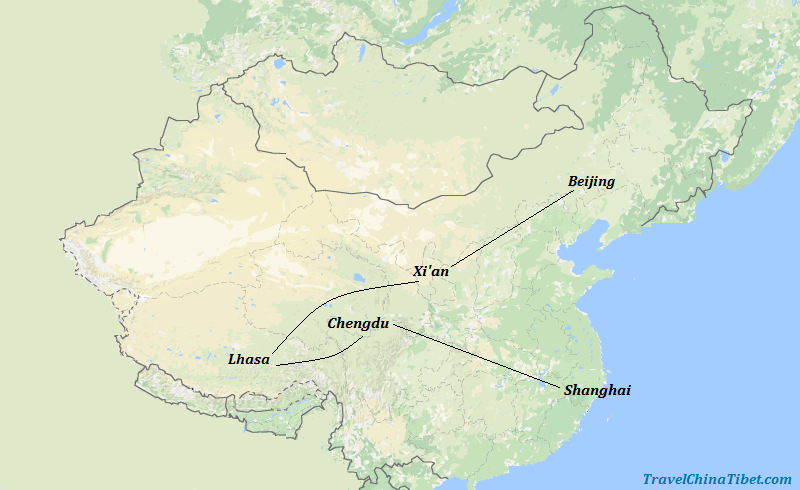 13 Days China Tibet Tour with Lovely Pandas Map