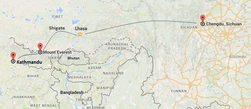 9 Days Chengdu & Everest & Kathmandu Tour Map