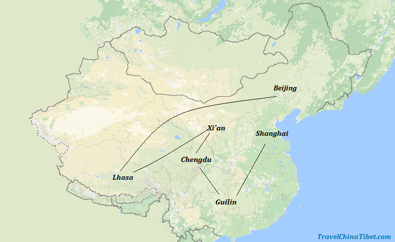16 Days China & Tibet Impression Tour Map