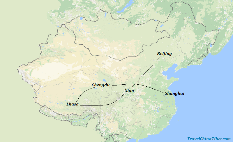 13 Days China Panda Tour with Tibet Discovery Map