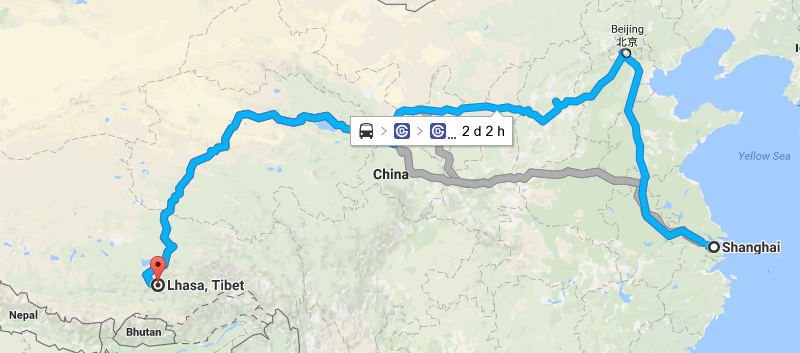 8 Days Lifetime Tibet Train Tour from Shanghai Map