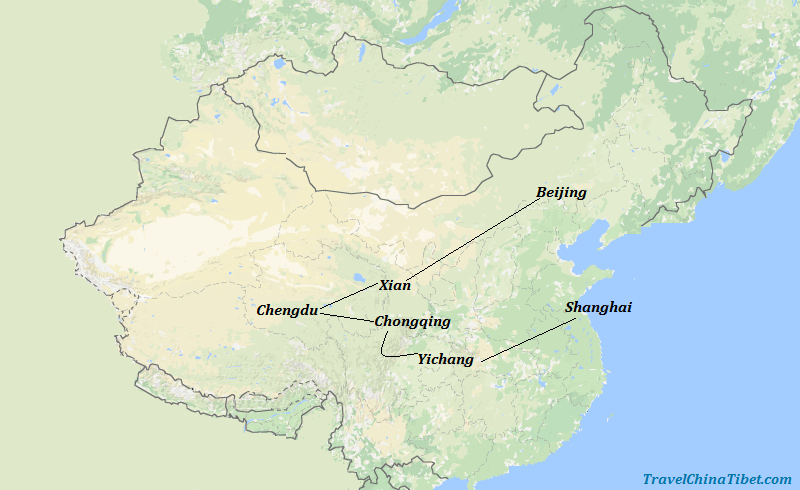13 Days China Panda Train Tour with Yangtze Cruise Map