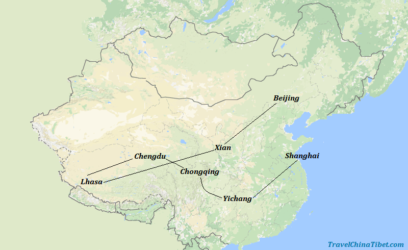 16 Days China Tibet Tour with Panda and Yangtze River Cruise Map