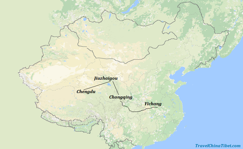 8 Days Chengdu & Jiuzhaigou & Yangtze Cruise Map
