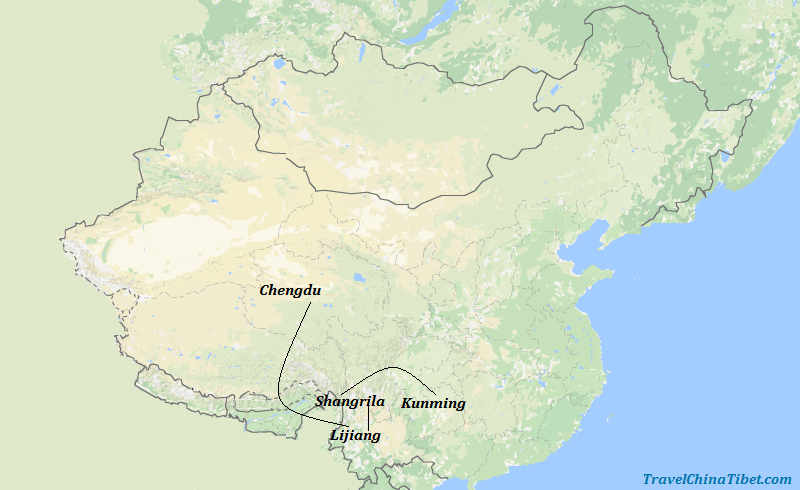 10 Days Sichuan & Yunnan Adventure Tour  Map