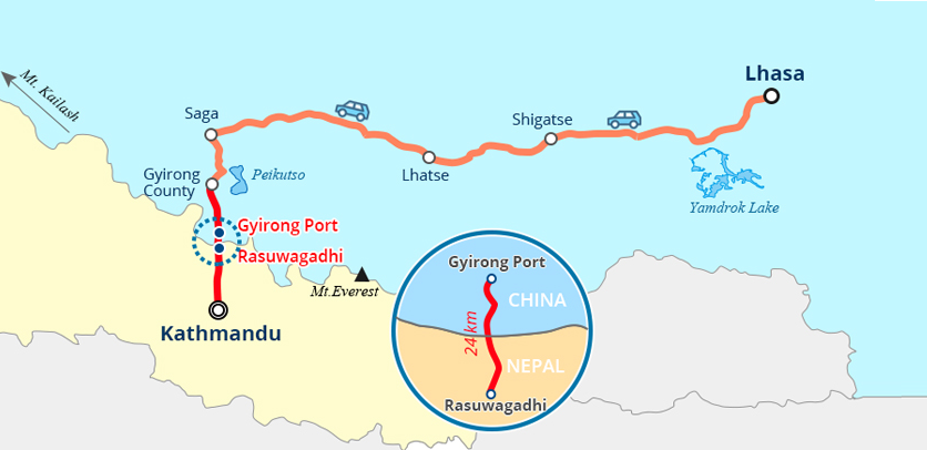 7 Days Kathmandu to Lhasa Overland Group Tour Map