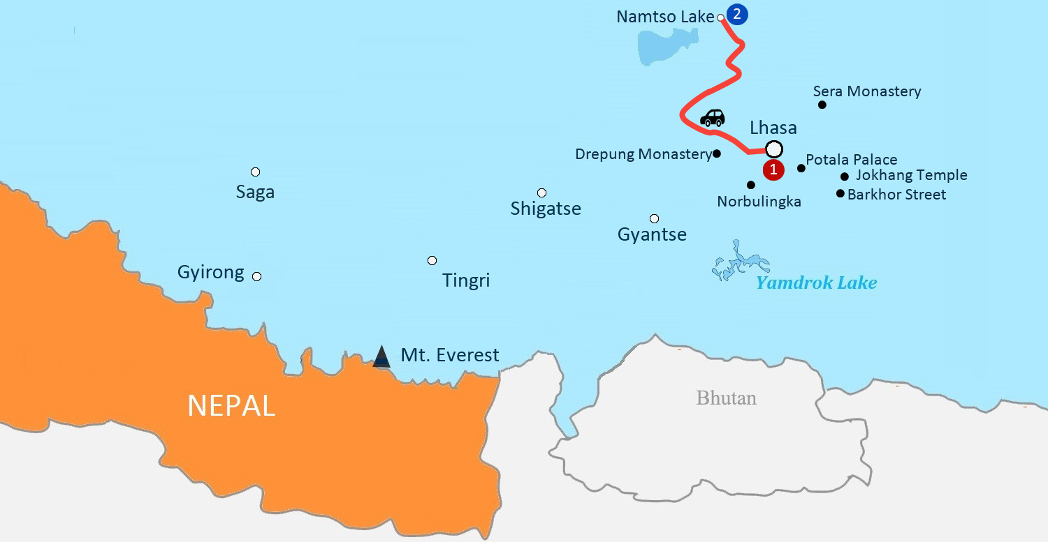 5 Days Lhasa & Namtso Lake Group Tour Map